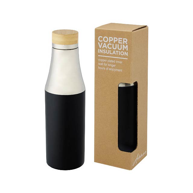 Hulan 540 ml copper vacuum insulated stainless steel bottle with bamboo lid - black