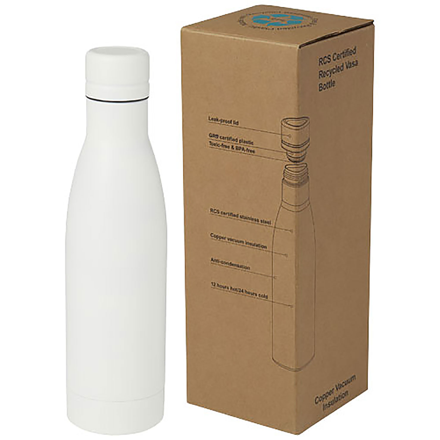 Vasa 500 ml RCS certified recycled stainless steel copper vacuum insulated bottle - white