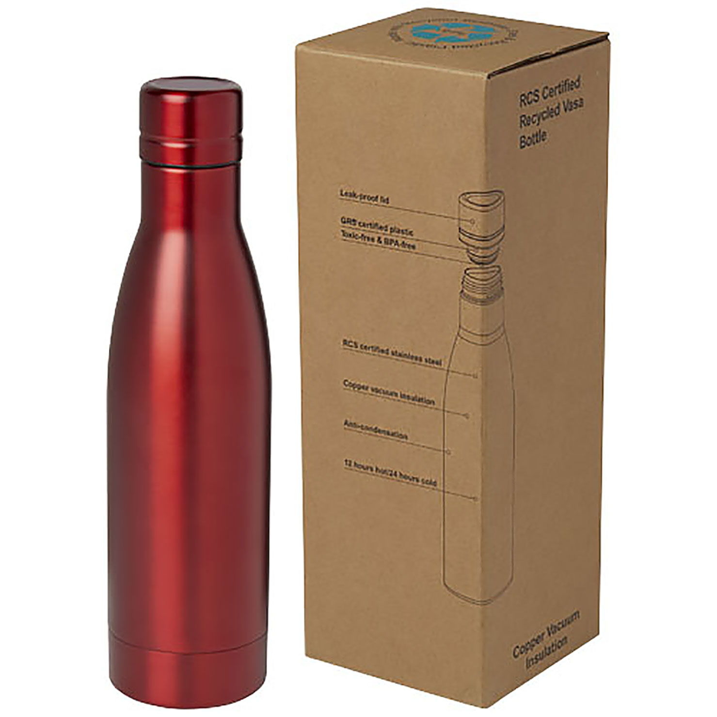 Vasa 500 ml RCS certified recycled stainless steel copper vacuum insulated bottle - red