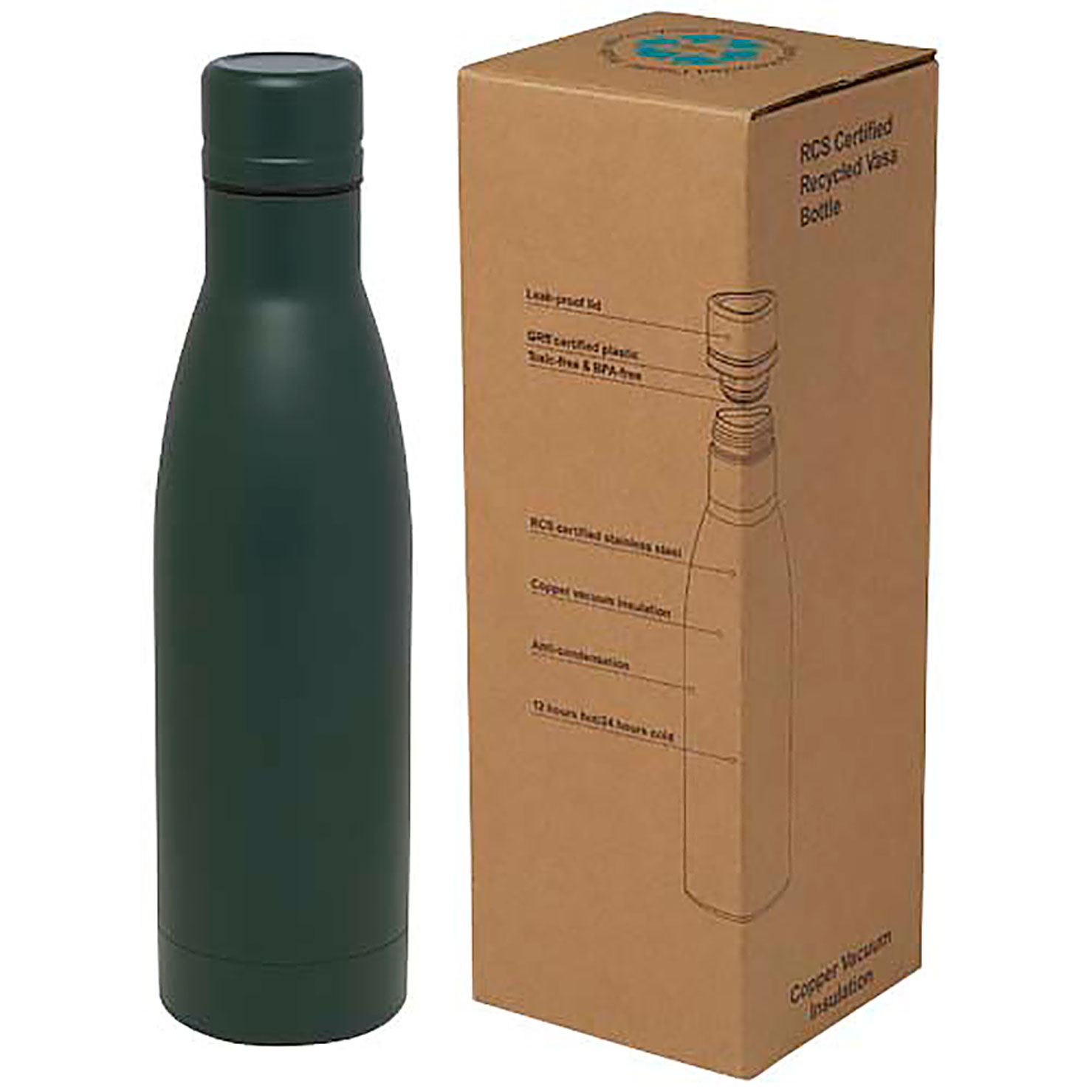 Vasa 500 ml RCS certified recycled stainless steel copper vacuum insulated bottle - green