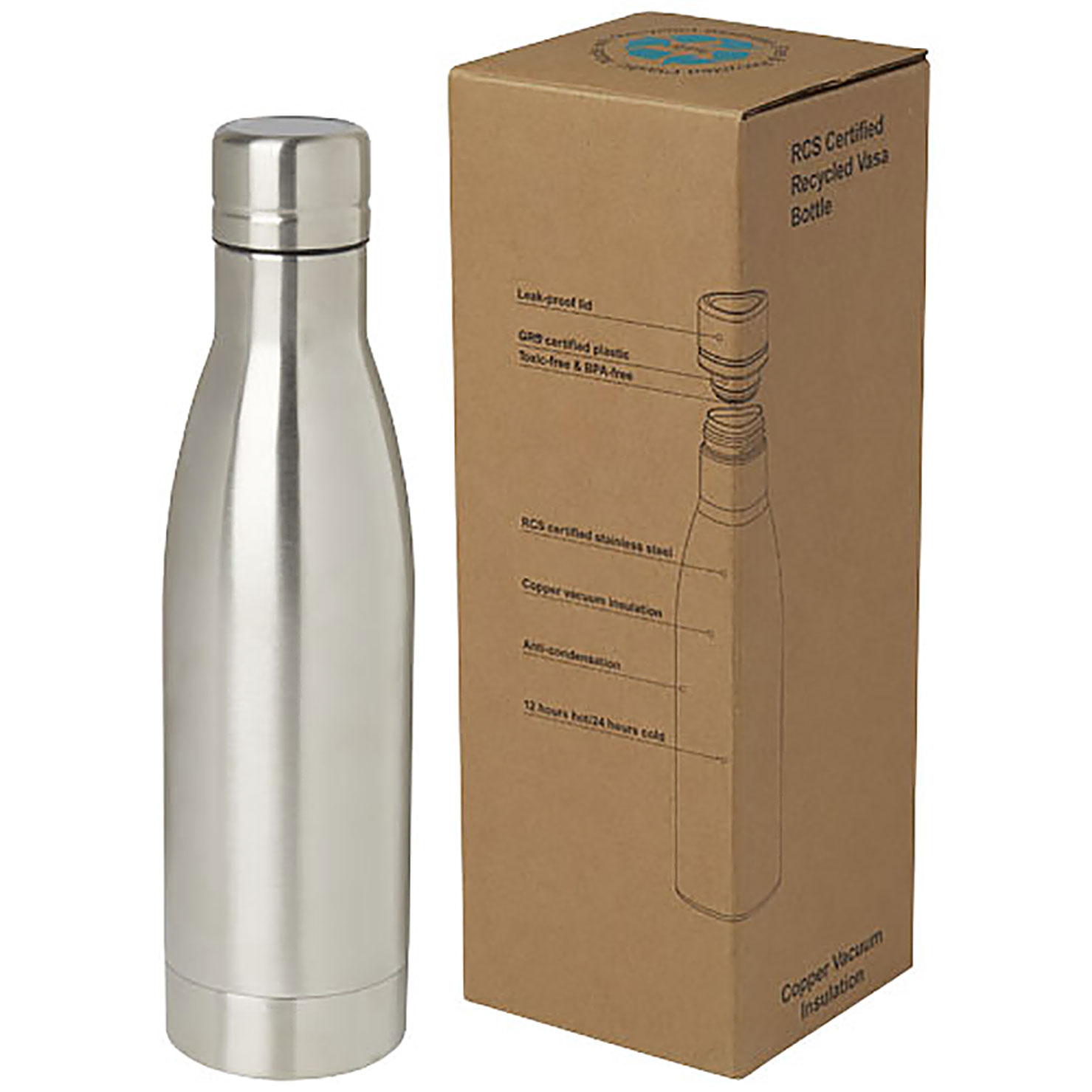 Vasa 500 ml RCS certified recycled stainless steel copper vacuum insulated bottle - silver