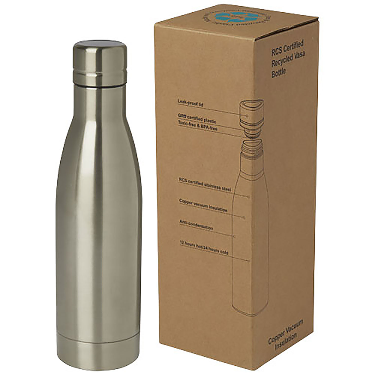 Vasa 500 ml RCS certified recycled stainless steel copper vacuum insulated bottle - stone grey