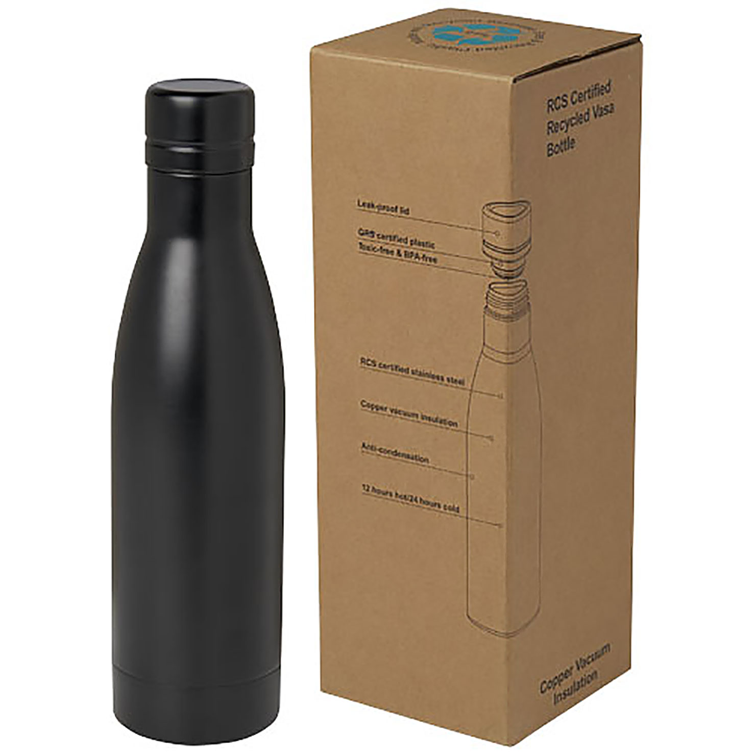 Vasa 500 ml RCS certified recycled stainless steel copper vacuum insulated bottle - black