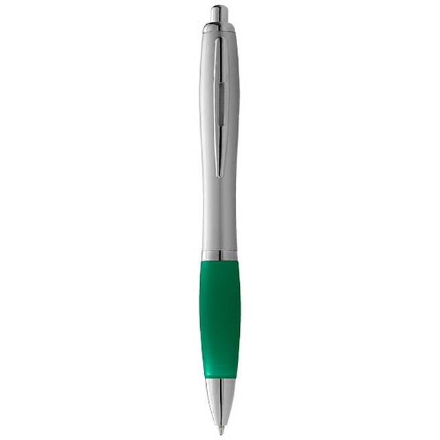 Nash ballpoint pen with silver barrel and coloured grip - green