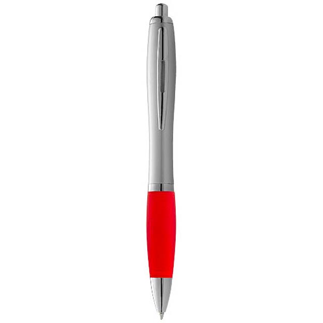 Nash ballpoint pen with silver barrel and coloured grip - red