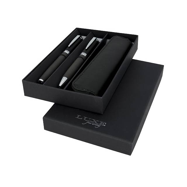 Carbon duo pen gift set with pouch - black