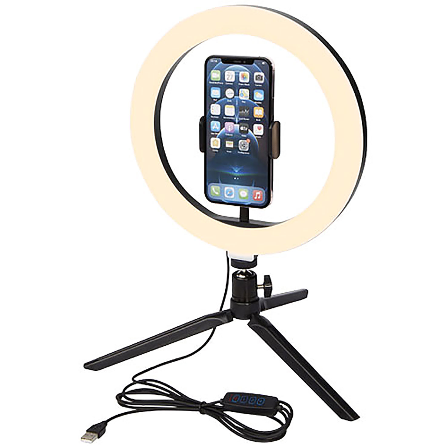 Studio ring light for selfies and vlogging with phone holder and tripod - black