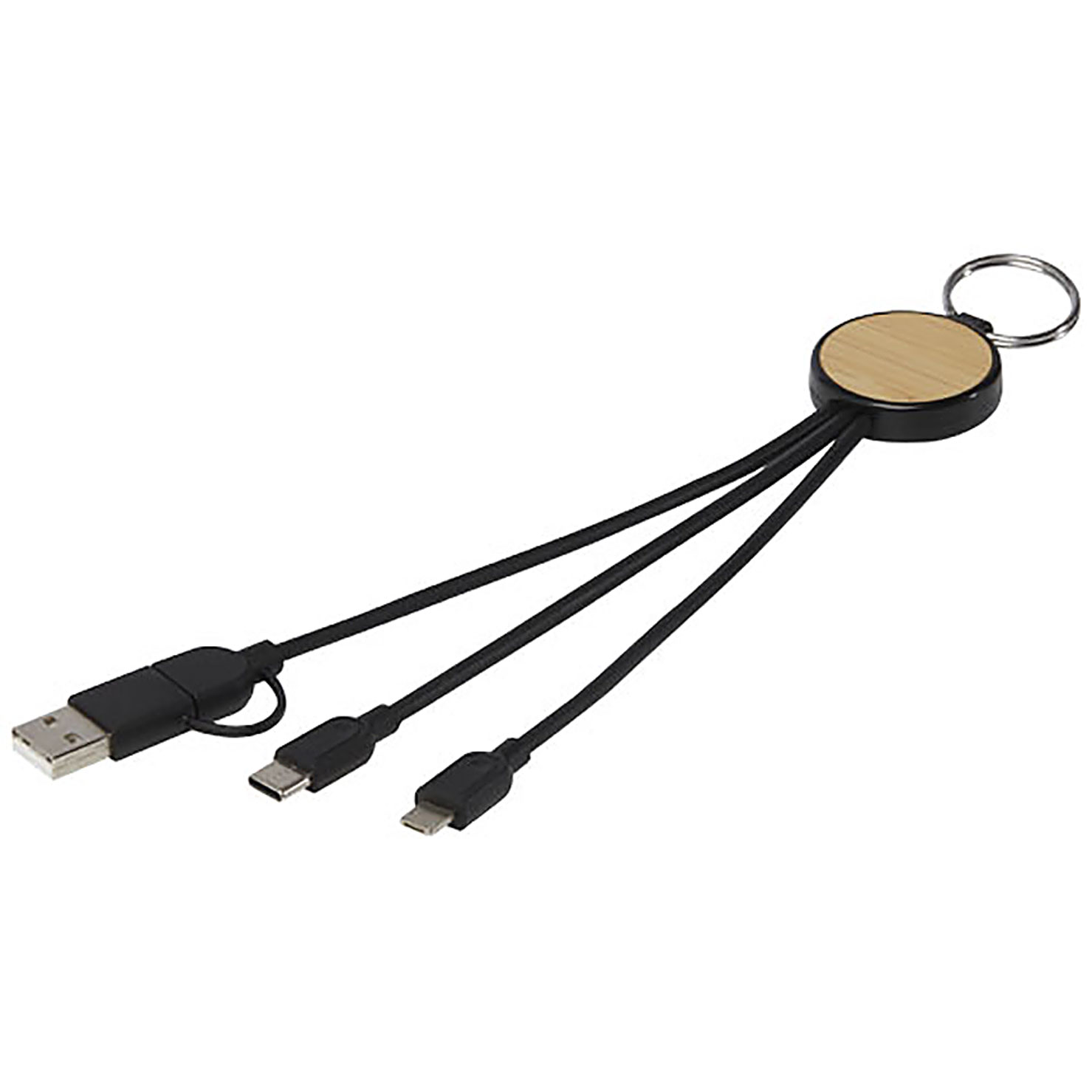 Tecta 6-in-1 recycled plastic/bamboo charging cable with keyring - black