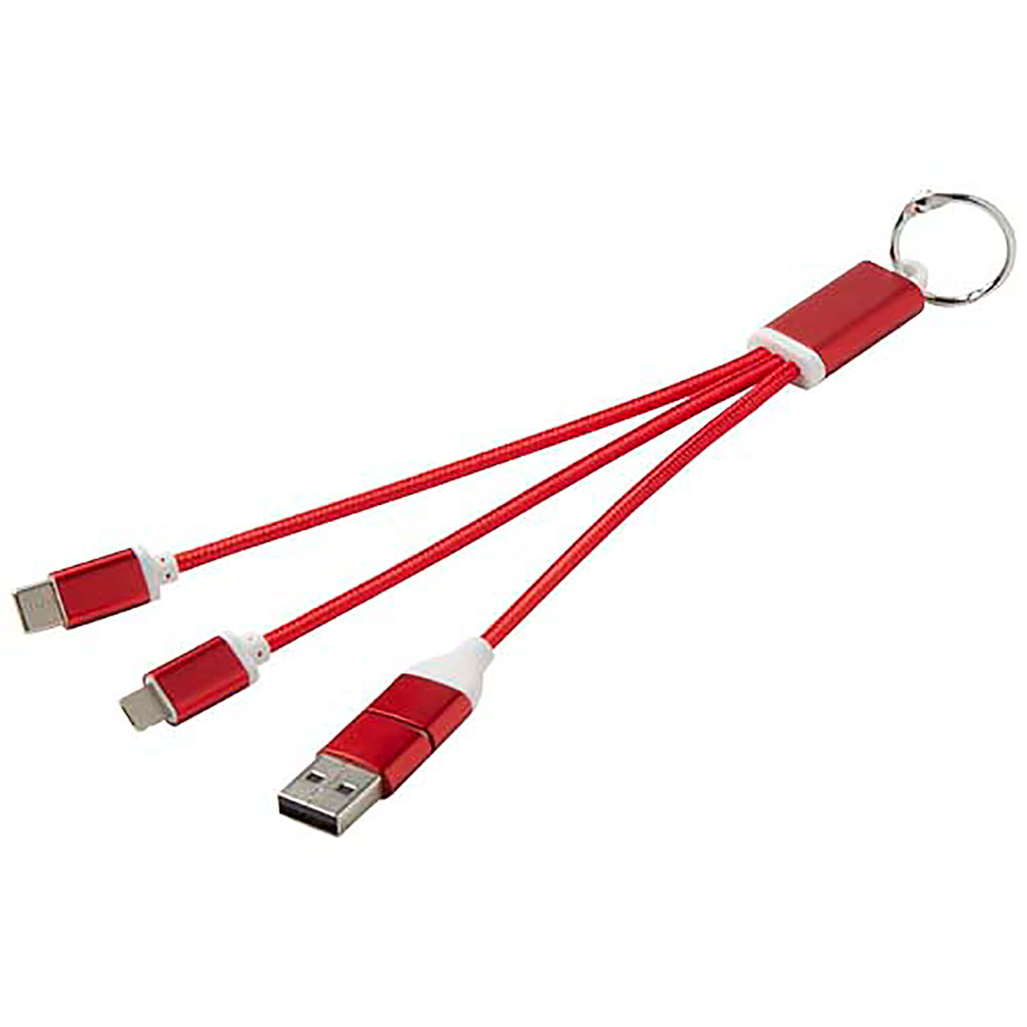 Metal 4-in-1 recycled aluminium charging cable with keychain - red