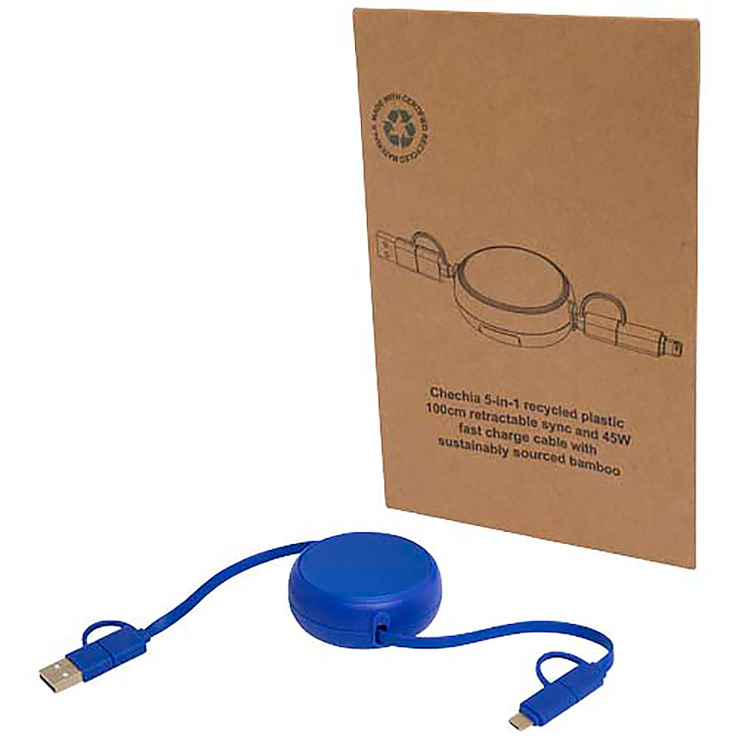 Alasia 5-in-1 100 cm recycled plastic and aluminium retractable data sync and 45W fast charge cable - royal blue