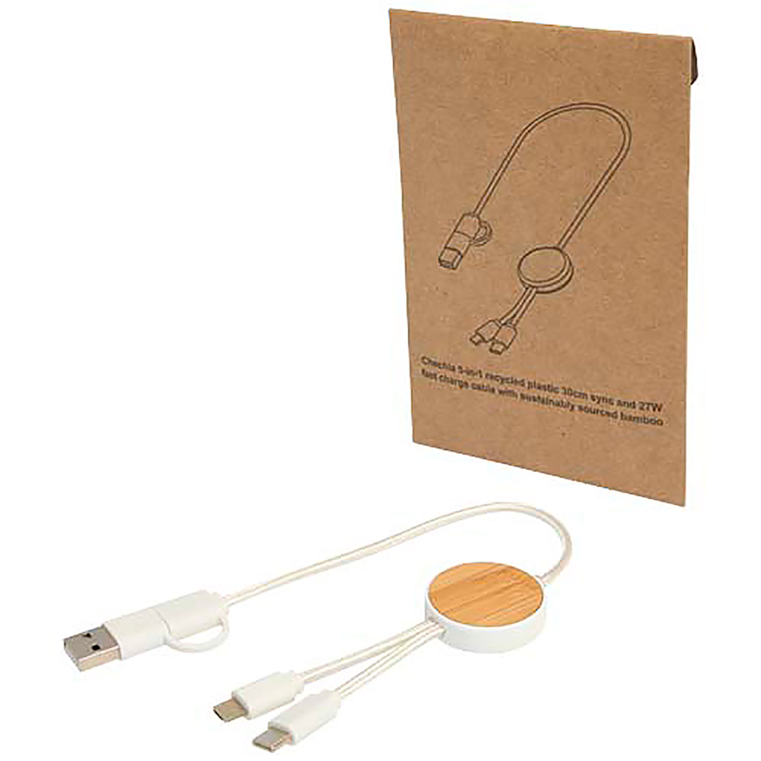 Chechia 5-in-1 recycled plastic 30 cm data sync and 27W fast charge cable with bamboo details - white