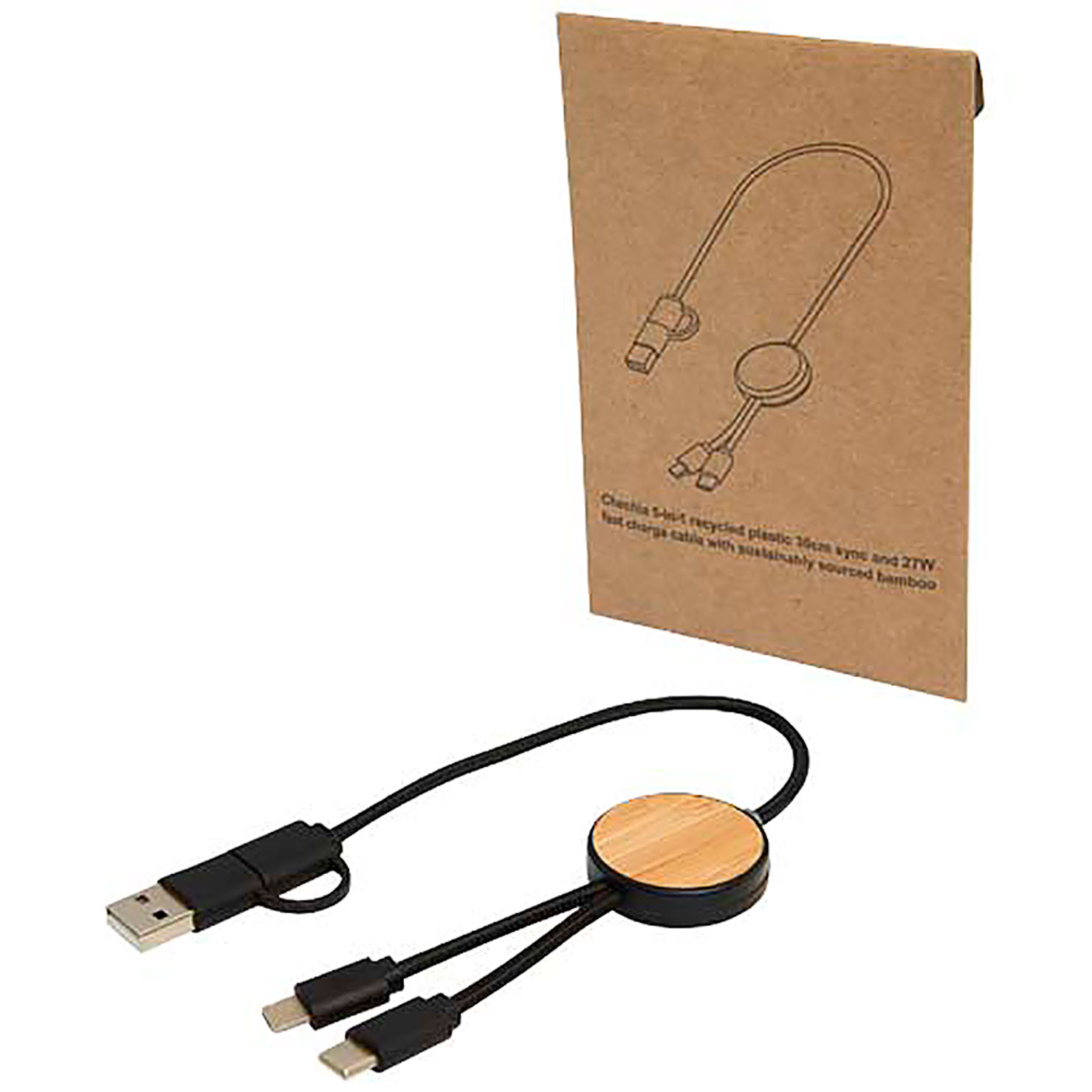 Chechia 5-in-1 recycled plastic 30 cm data sync and 27W fast charge cable with bamboo details - black