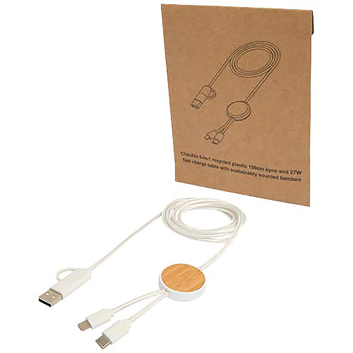 Chechia 5-in-1 recycled plastic 150 cm data sync and 27W fast charge cable with bamboo details - white