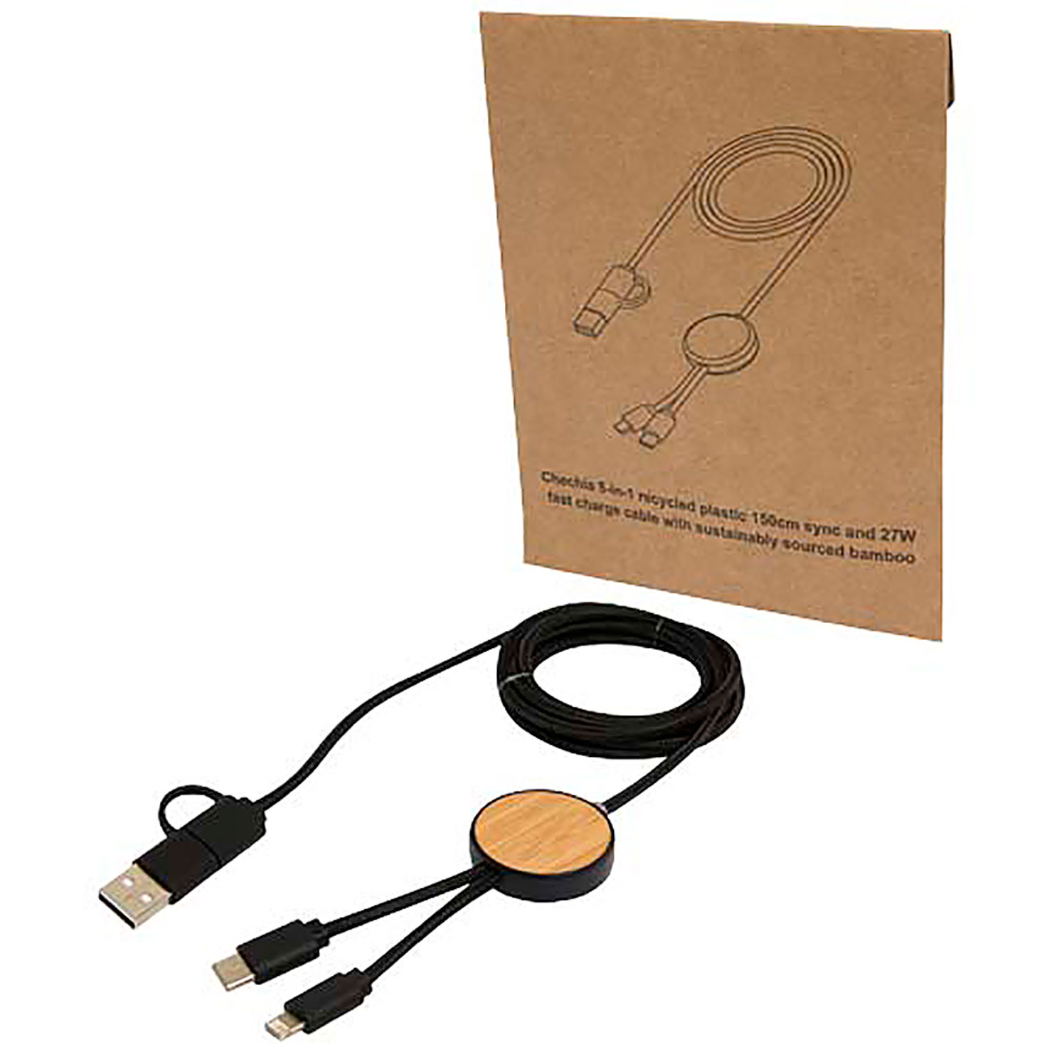 Chechia 5-in-1 recycled plastic 150 cm data sync and 27W fast charge cable with bamboo details - black