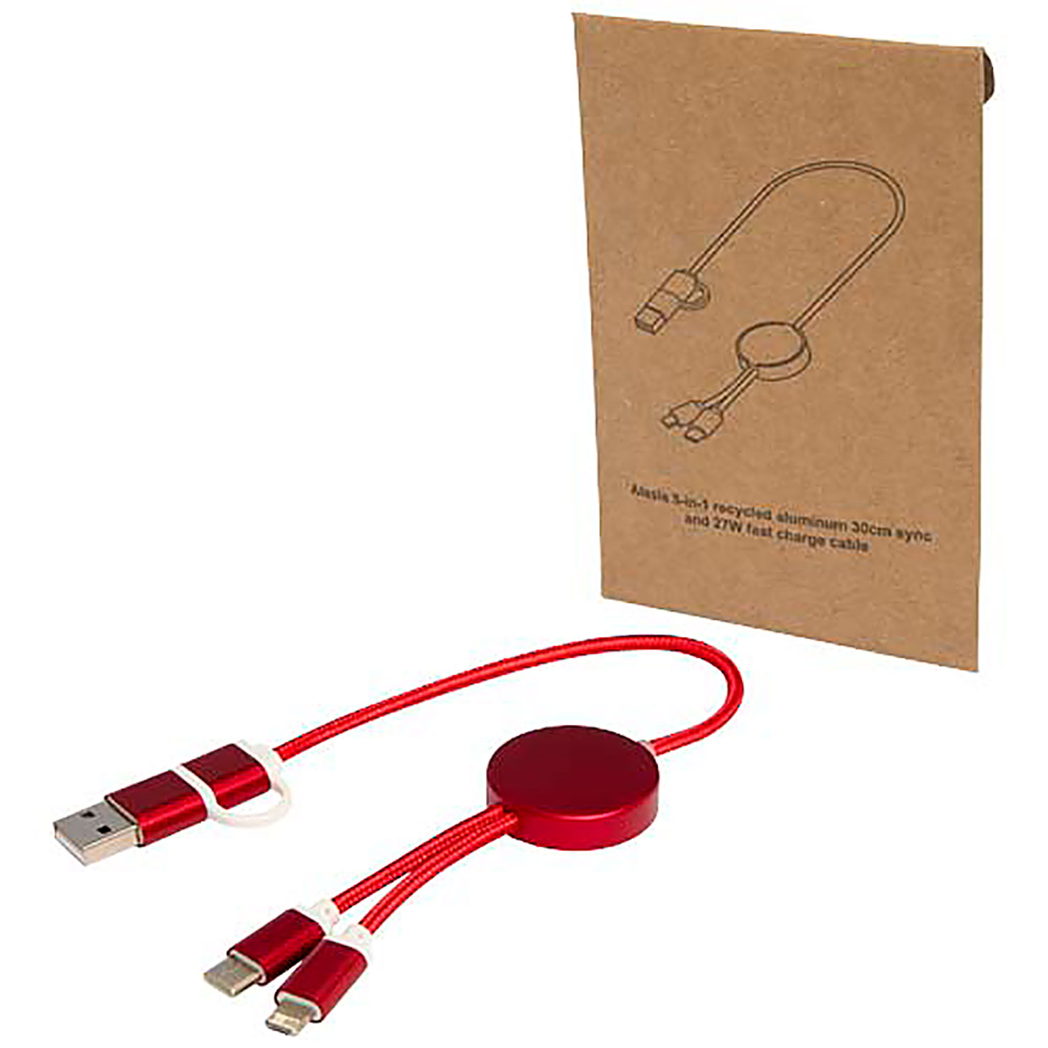 Alasia 5-in-1 recycled aluminium and plastic 30 cm data sync and 27W fast charge cable - red