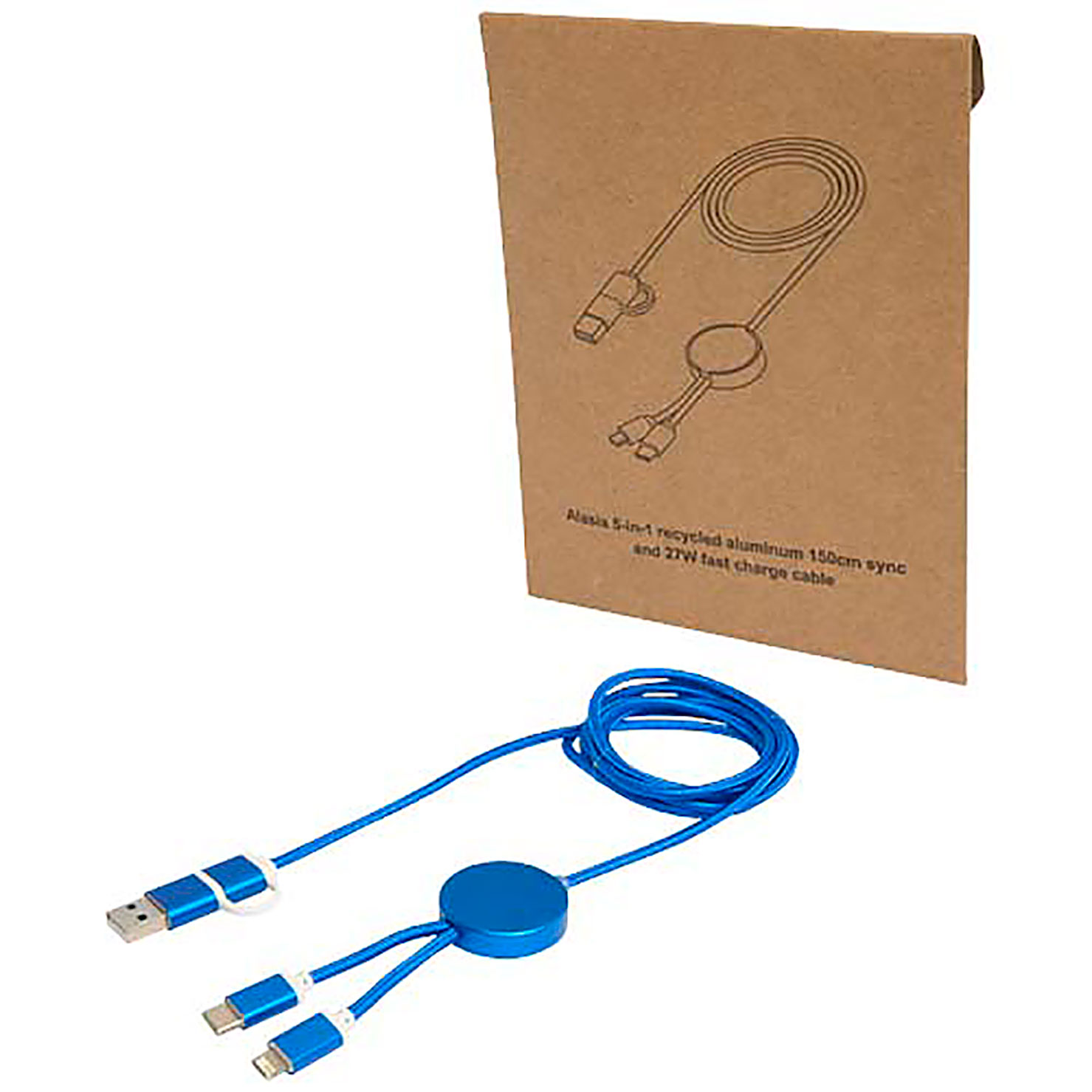 Alasia 5-in-1 recycled aluminium and plastic 150 cm data sync and 27W fast charge cable - royal blue