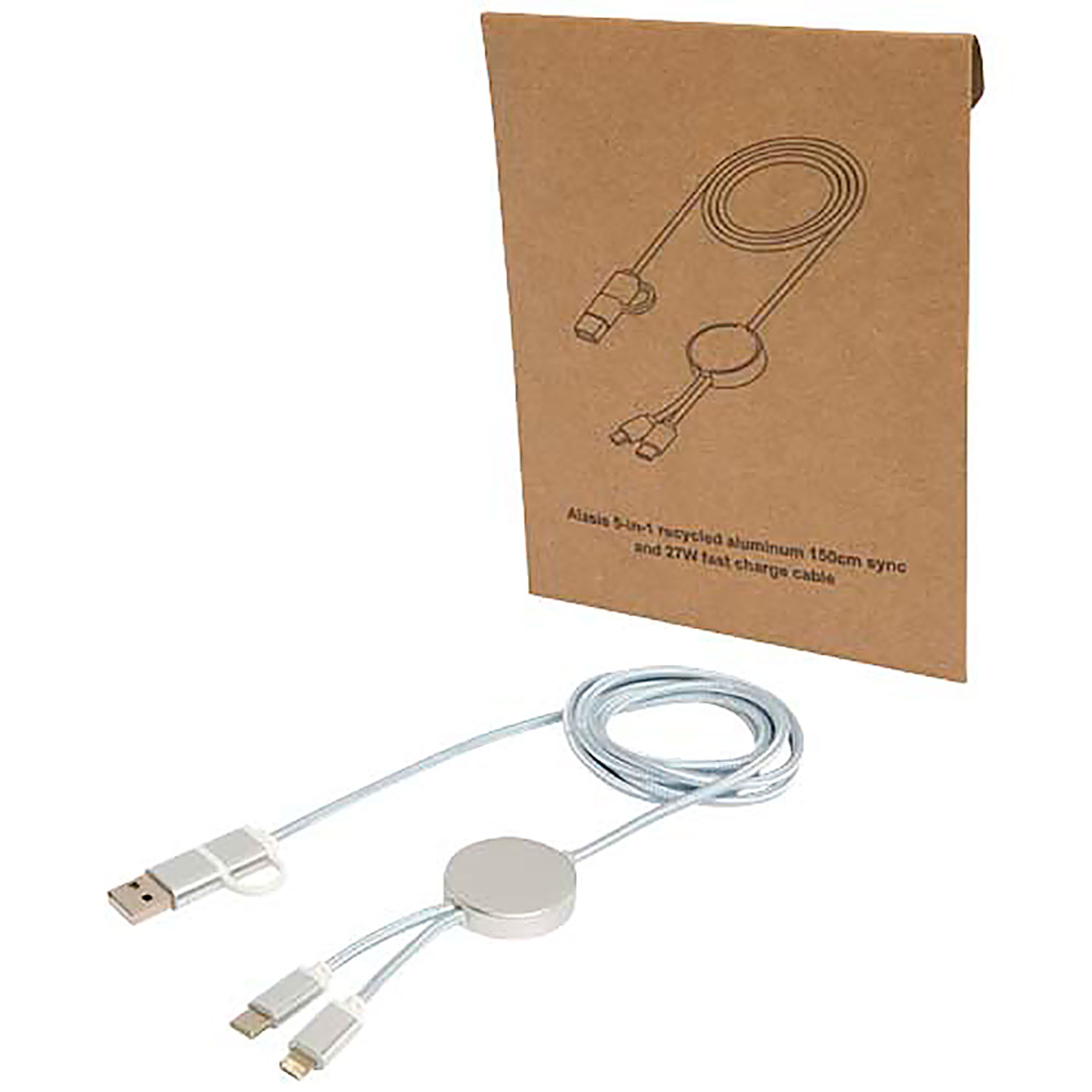 Alasia 5-in-1 recycled aluminium and plastic 150 cm data sync and 27W fast charge cable - silver