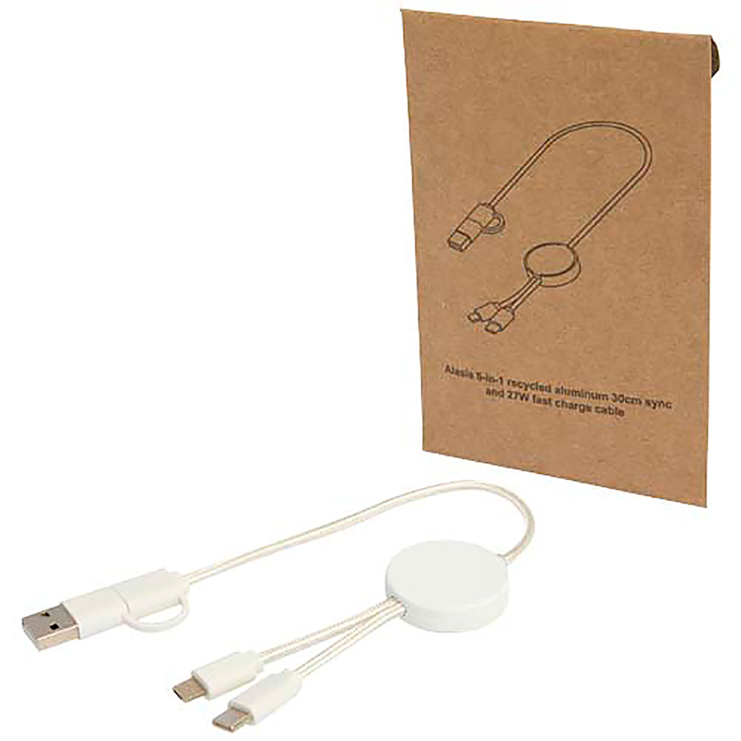 Citala 5-in-1 recycled plastic 30 cm data sync and 27W fast charge cable - white