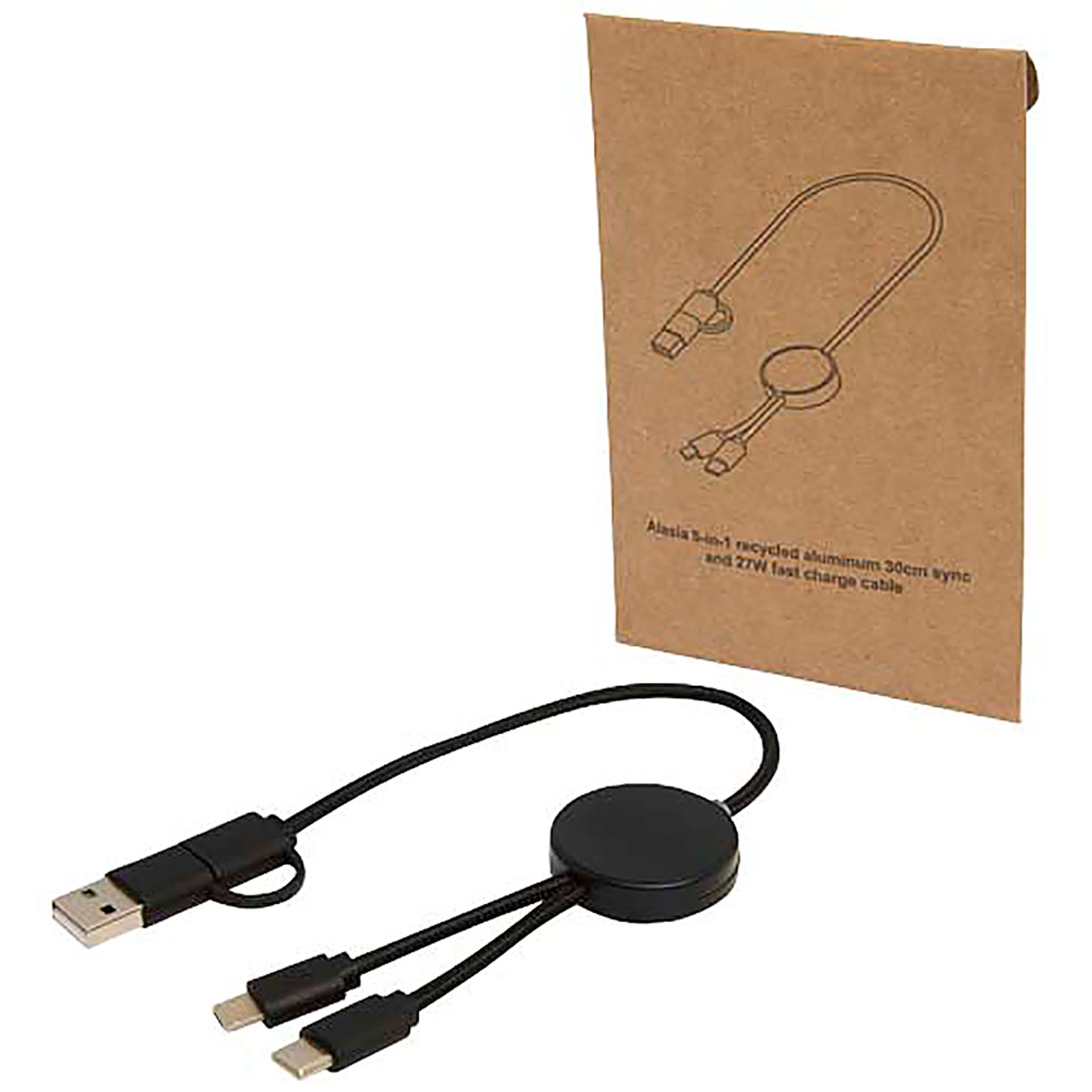 Citala 5-in-1 recycled plastic 30 cm data sync and 27W fast charge cable - black