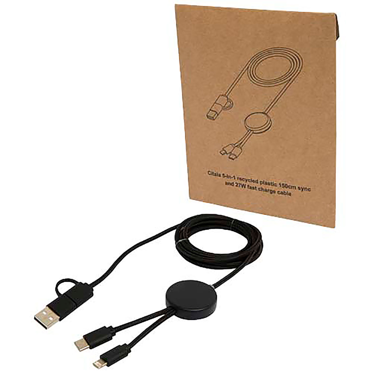 Citala 5-in-1 recycled plastic 150 cm data sync and 27W fast charge cable - black