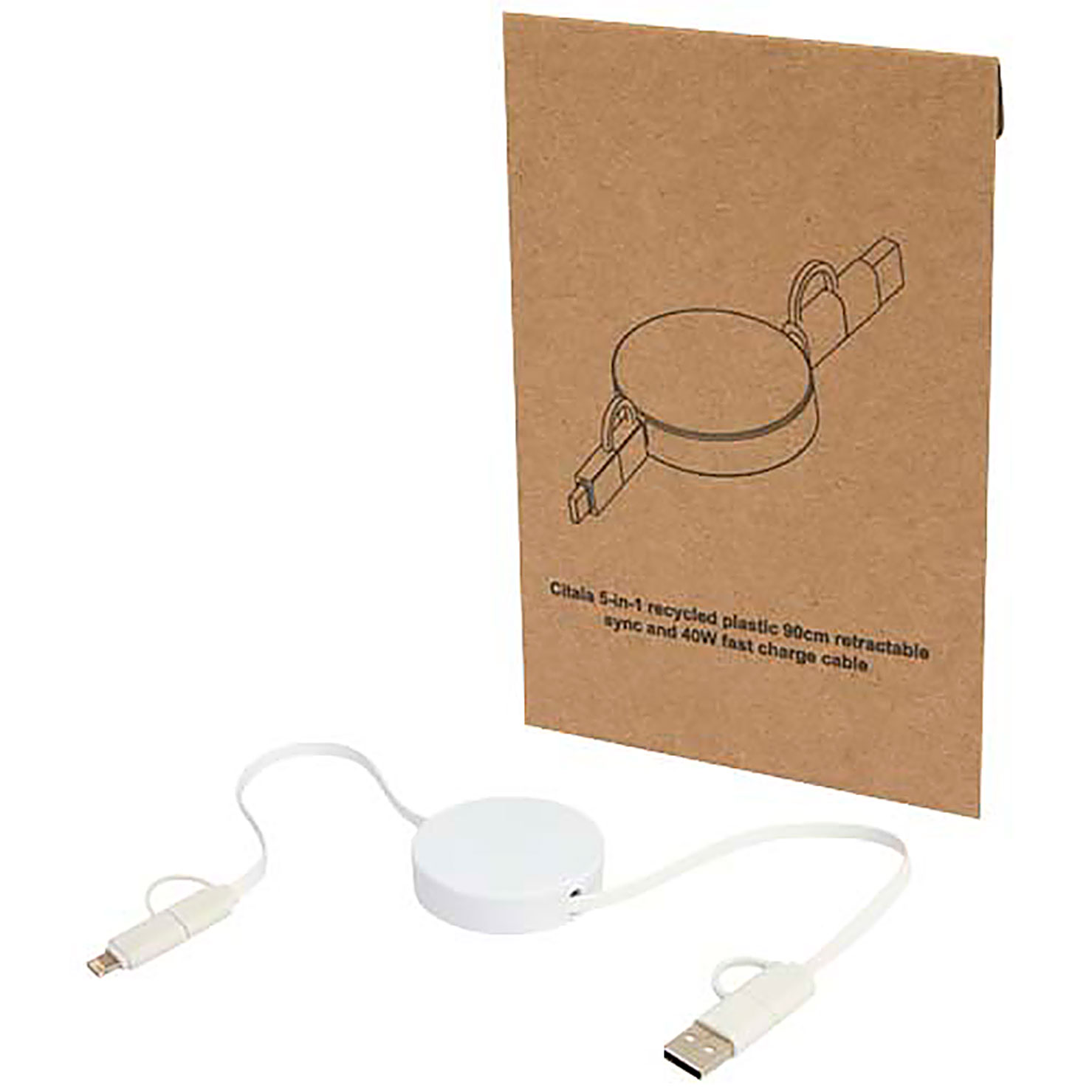 Citala 5-in-1 recycled plastic 90 cm retractable data sync and 40W fast charge cable - white