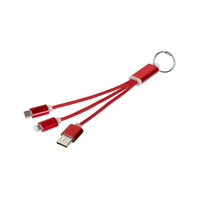 Metal 3-in-1 charging cable with keychain - transparent red