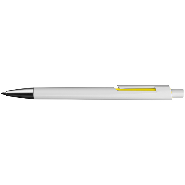 Plastkugelschreiber weiß mit farbigen Applikationen und blau schreibender Großraummine - Gelb