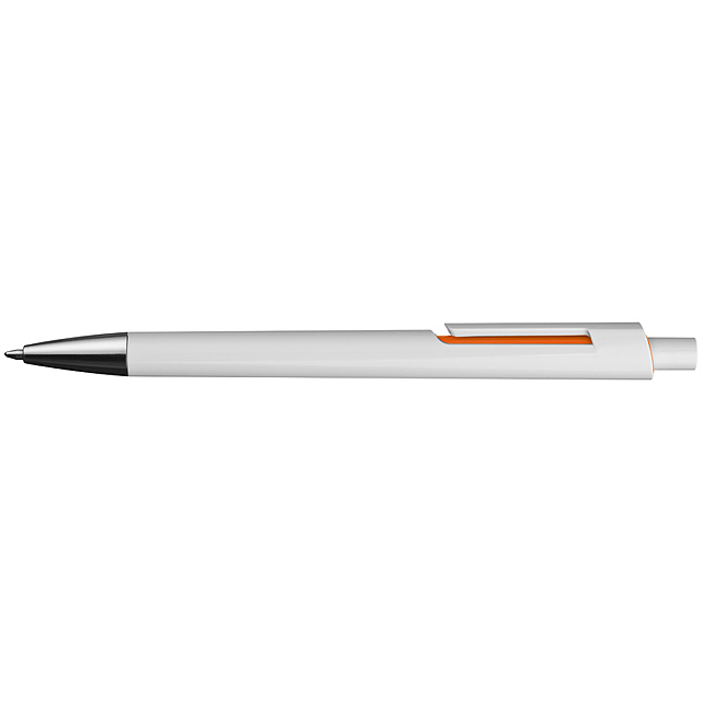 Plastkugelschreiber weiß mit farbigen Applikationen und blau schreibender Großraummine - Orange