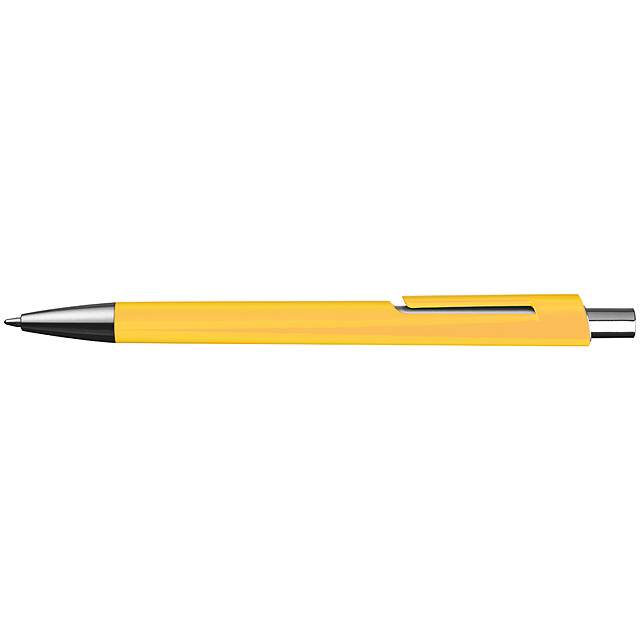 Plastkugelschreiber farbig mit silbernen Applikationen und blau schreibender Großraummine - Gelb