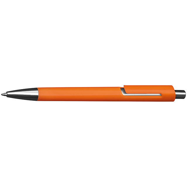 Plastkugelschreiber farbig mit silbernen Applikationen und blau schreibender Großraummine - Orange