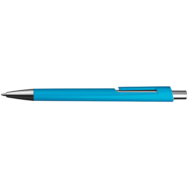 Plastkugelschreiber farbig mit silbernen Applikationen und blau schreibender Großraummine - azurblau  