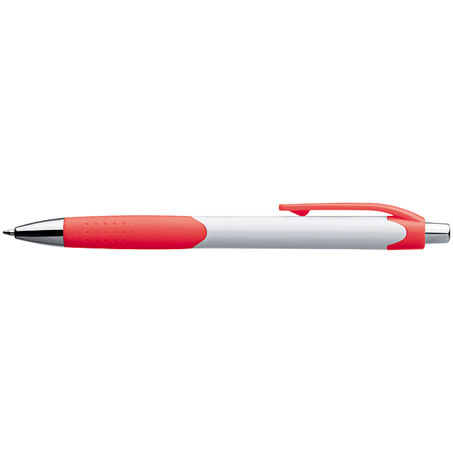 Plastic ball pen with a white shaft and Guma grip zone - red