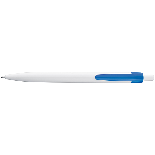 White plastic ball pen with coloured clip - blue