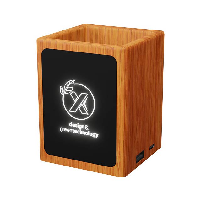 SCX.design O12 wooden light-up logo pencil holder with dual USB output - wood