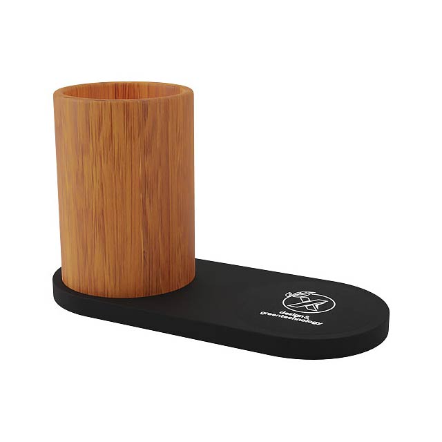 10 W bezdrátová nabíjecí podložka s bambusovým držákem na tužky a svítícím logem SCX.design W17 - dřevo