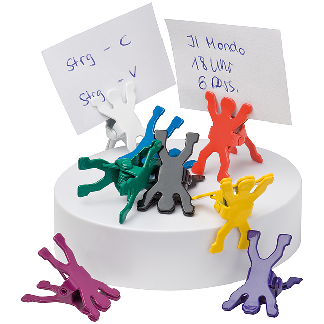 Memo holder with eight metal men on a magnetic base - white