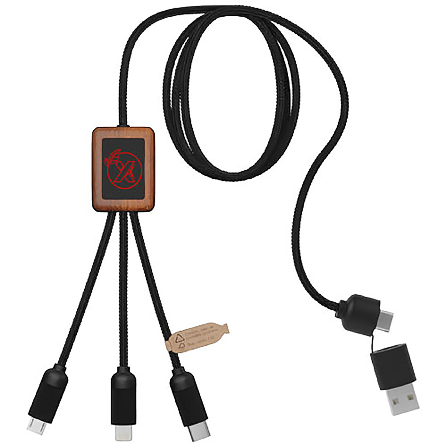 SCX.design C38 5-in-1 rPET light-up logo charging cable with squared wooden casing - red