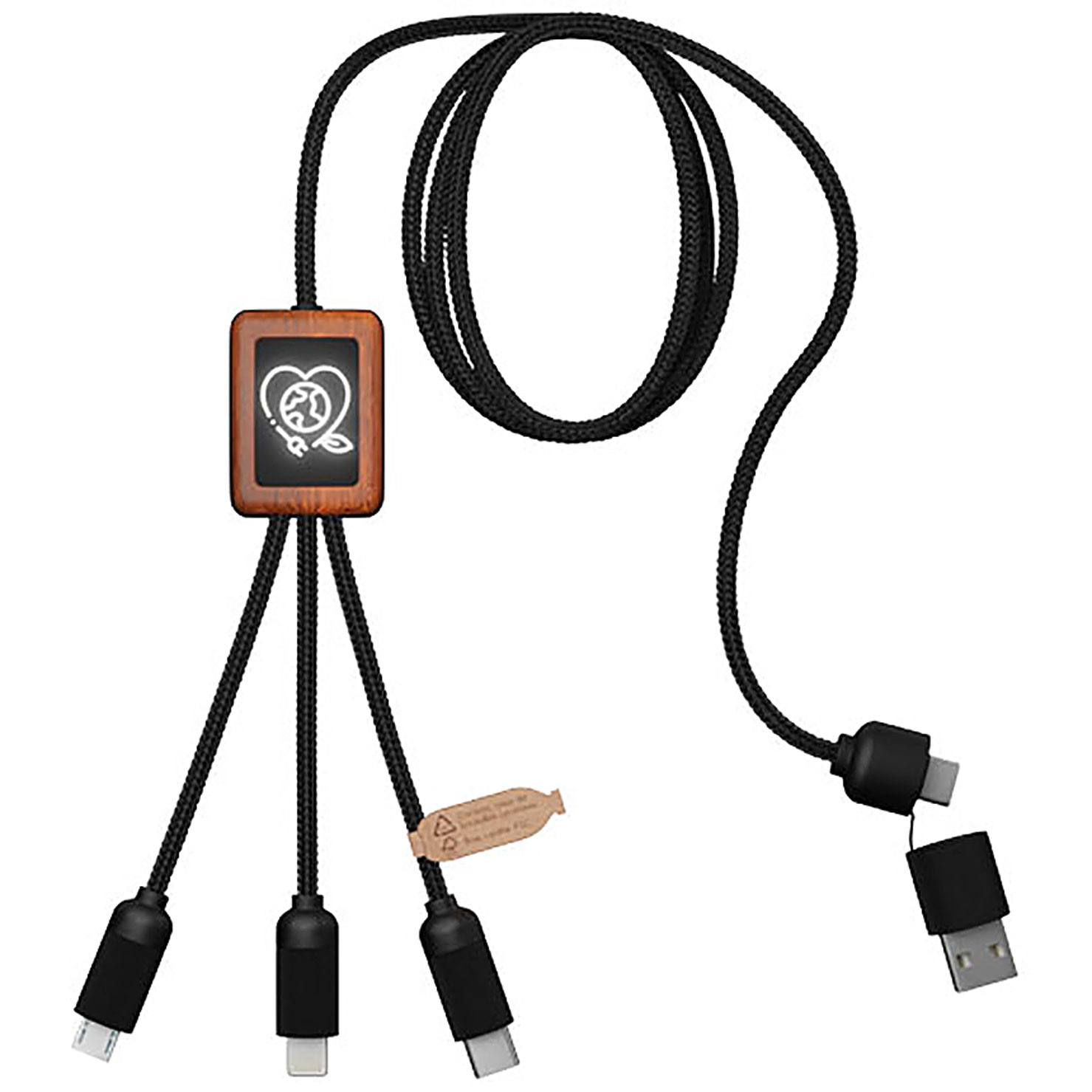 SCX.design C38 5-in-1 rPET light-up logo charging cable with squared wooden casing - black