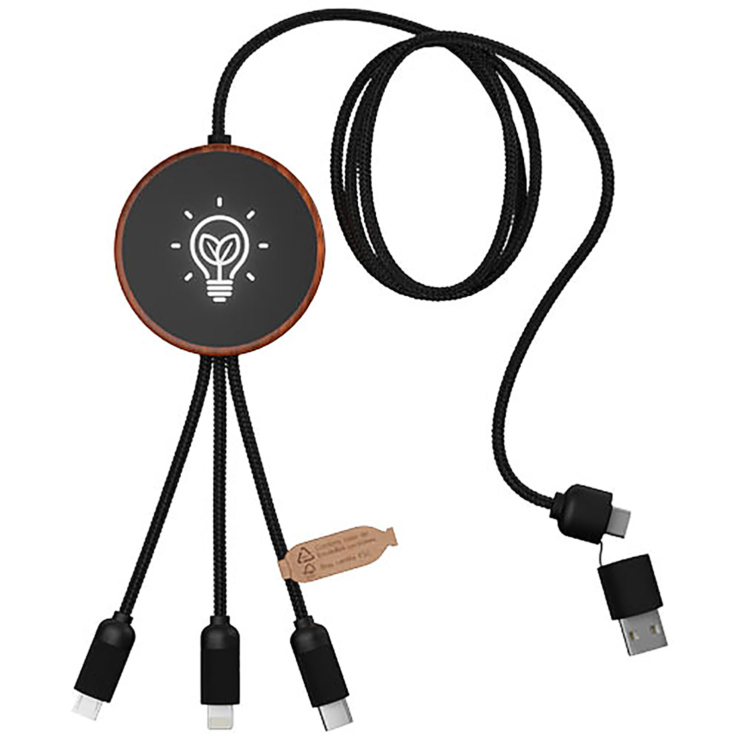 SCX.design C40 5-in-1 rPET light-up logo charging cable and 10W charging pad - wood