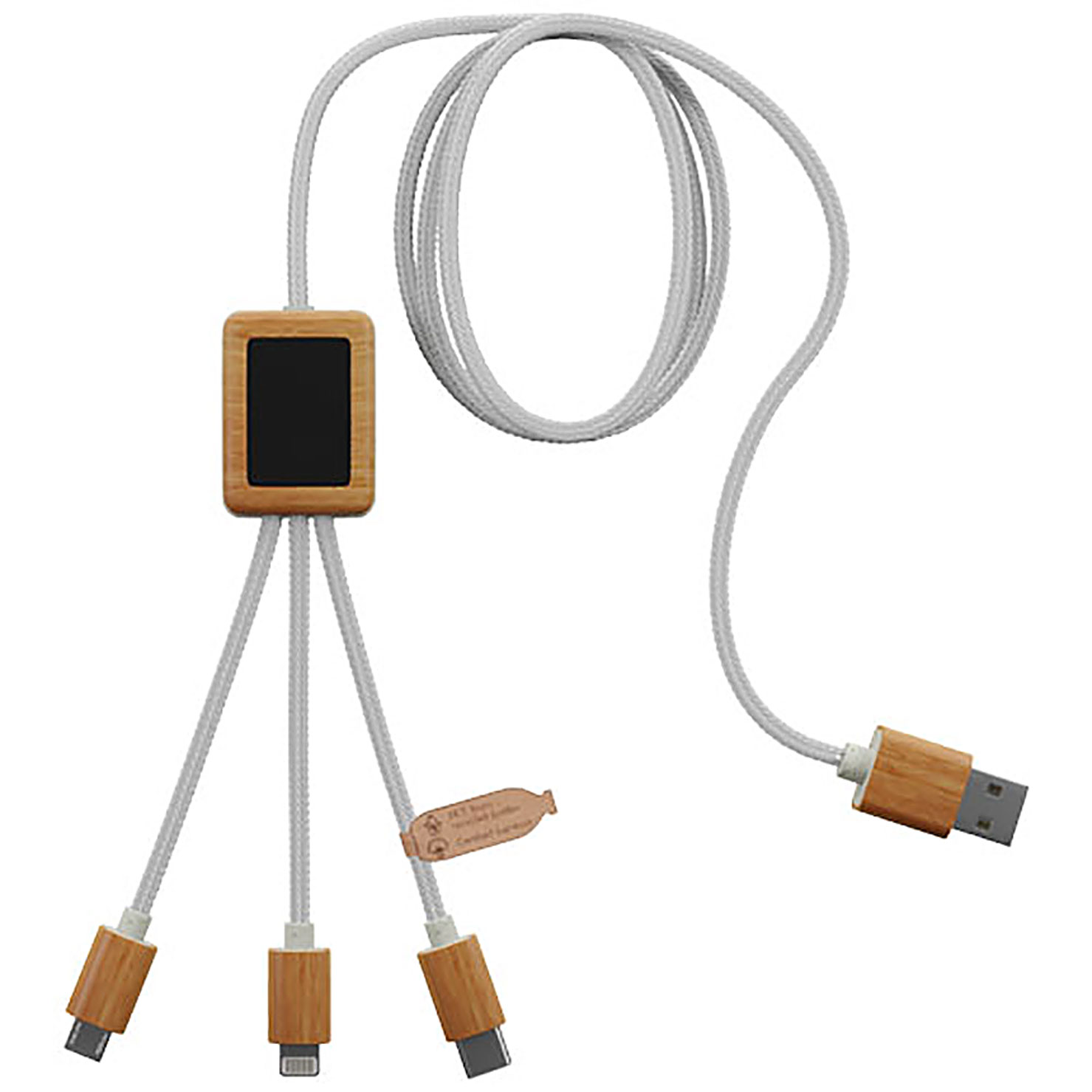 SCX.design C39 3-in-1 rPET light-up logo charging cable with squared bamboo casing - white