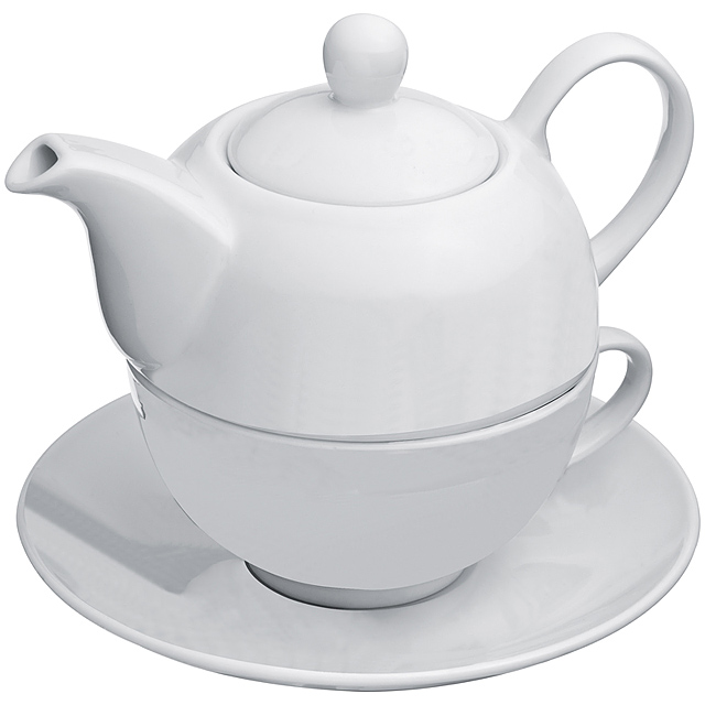 Teekanne mit einer Tasse und Untersetzer - Weiß 