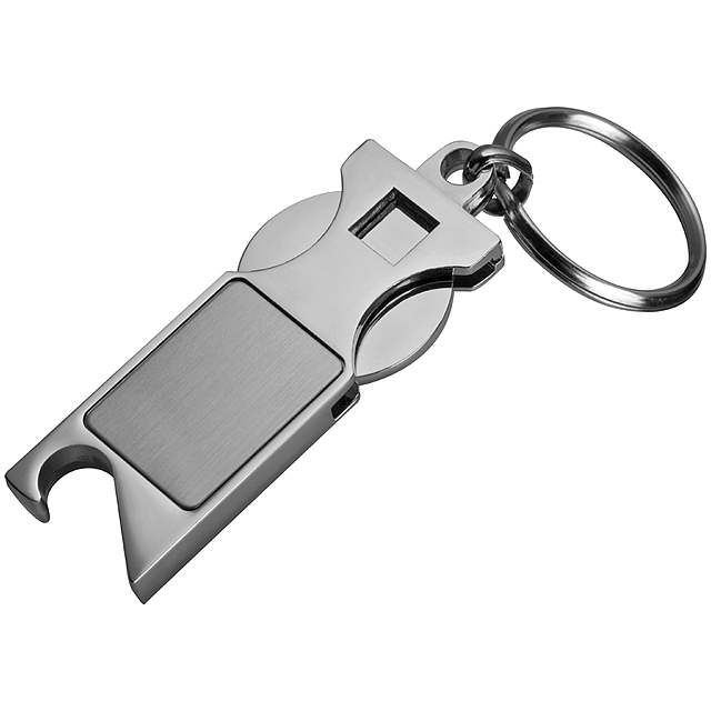 Keychain with shopping coin and bottle opener - grey