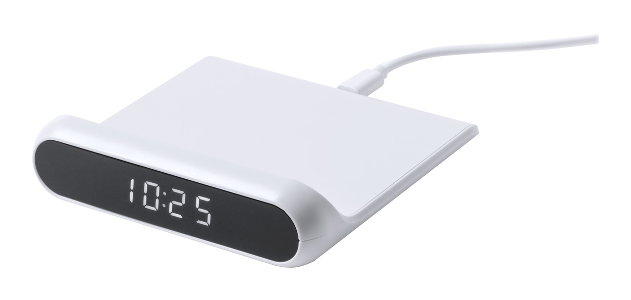 An alarm clock with a wireless charger went off - white