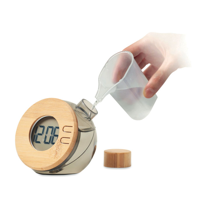 Water powered bamboo LCD clock - DROPPY LUX - transparent grey