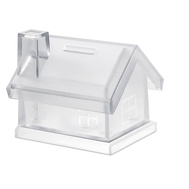 Plastová pokladnička v tvare domčeka. - transparentná