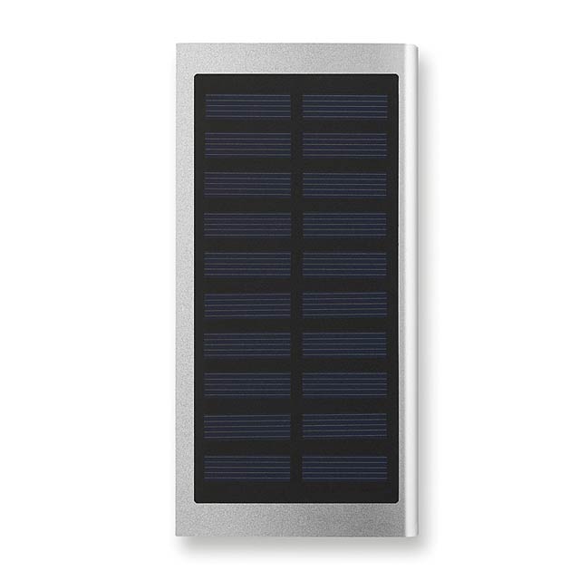Hliníková solární power banka 8000mAh, kapacita pro použití s chytrým telefonem, výstupní proud DC5V/1A. Indikační dioda a USB kabel s mikro USB konektorem. - strieborná mat