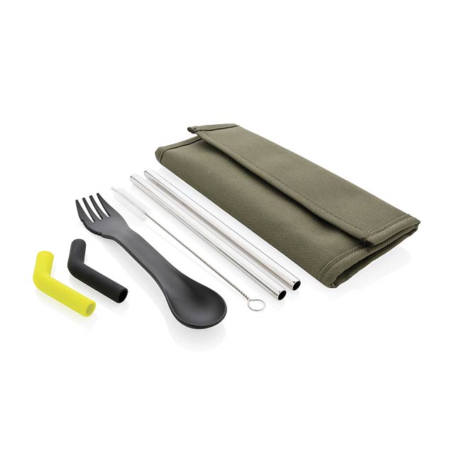 Tierra 2pcs straw and cutlery set in pouch, green - green