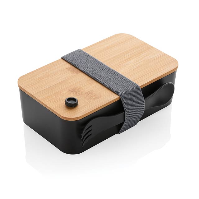 PP Lunchbox mit Bambusdeckel & Göffel, schwarz - schwarz