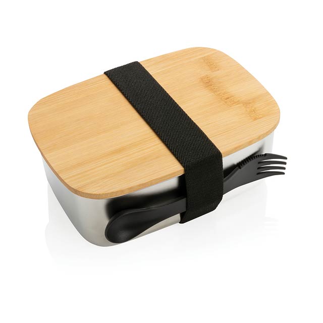 Stainless steel lunchbox with bamboo lid and spork, silver - silver