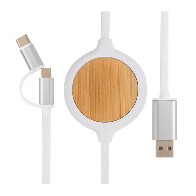 3-in-1 cable with 5W bamboo wireless charger, white - white